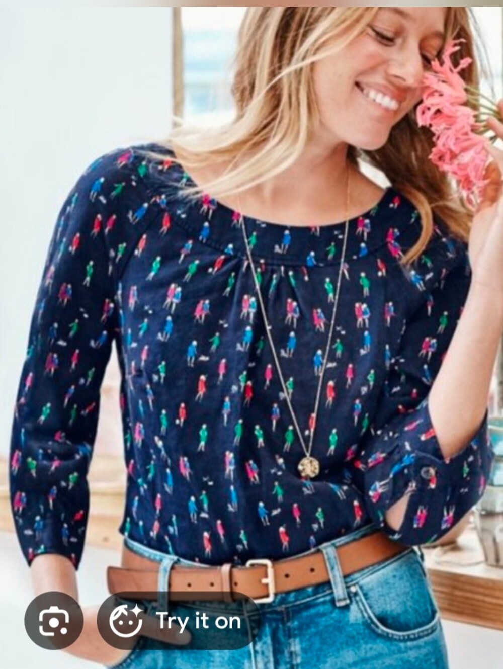 Boden Womens 100% Linen Top Blouse 8 Navy Button Back Dog Walker Parisian Summer
